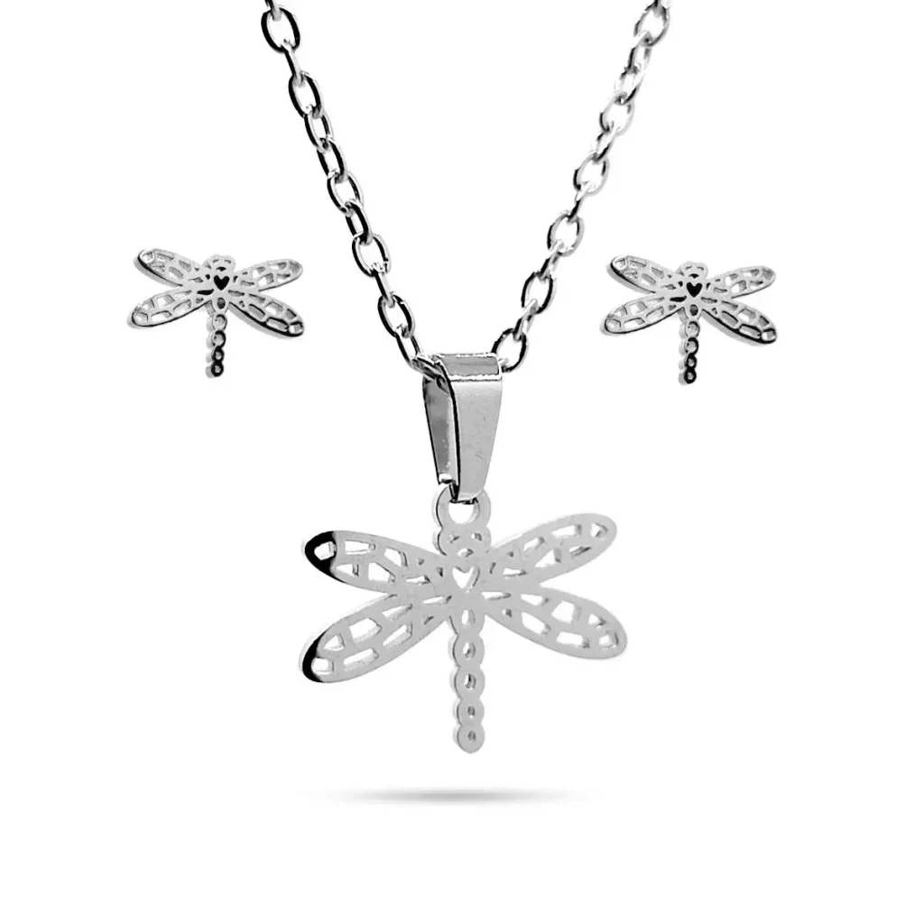 Set Joyeria Acero Plateado Libelula Calada Prosperidad 2