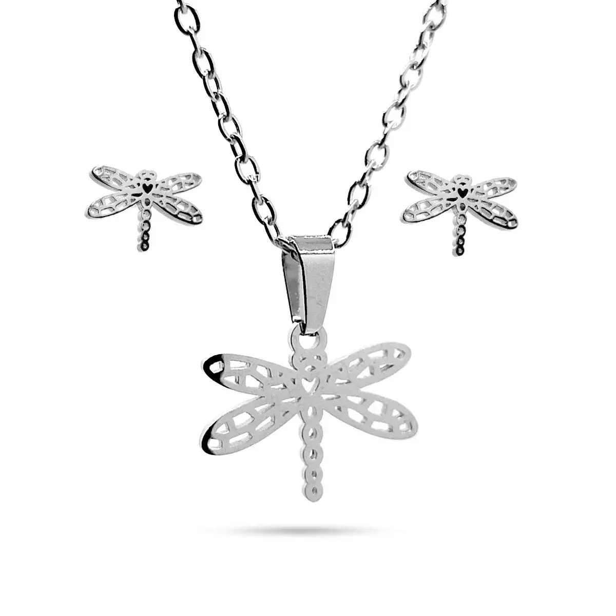 Set Joyeria Acero Plateado Libelula Calada Prosperidad 2