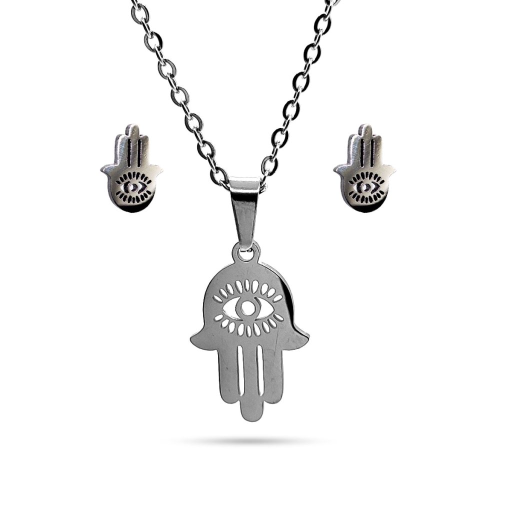 Set Joyeria Acero Plateado Mano de Dios Fatima Jamsa