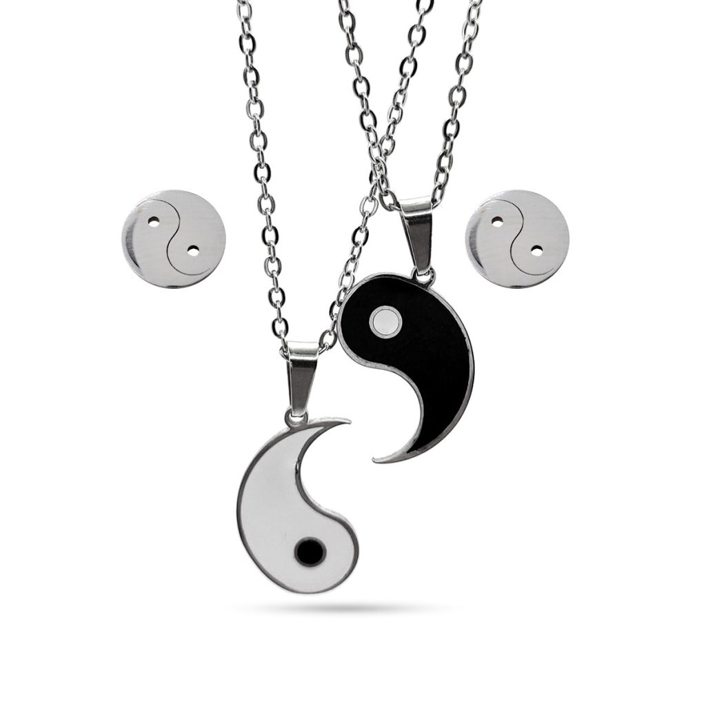 Set Joyeria Acero Plateado Yin Yang Collar De Pareja Amor