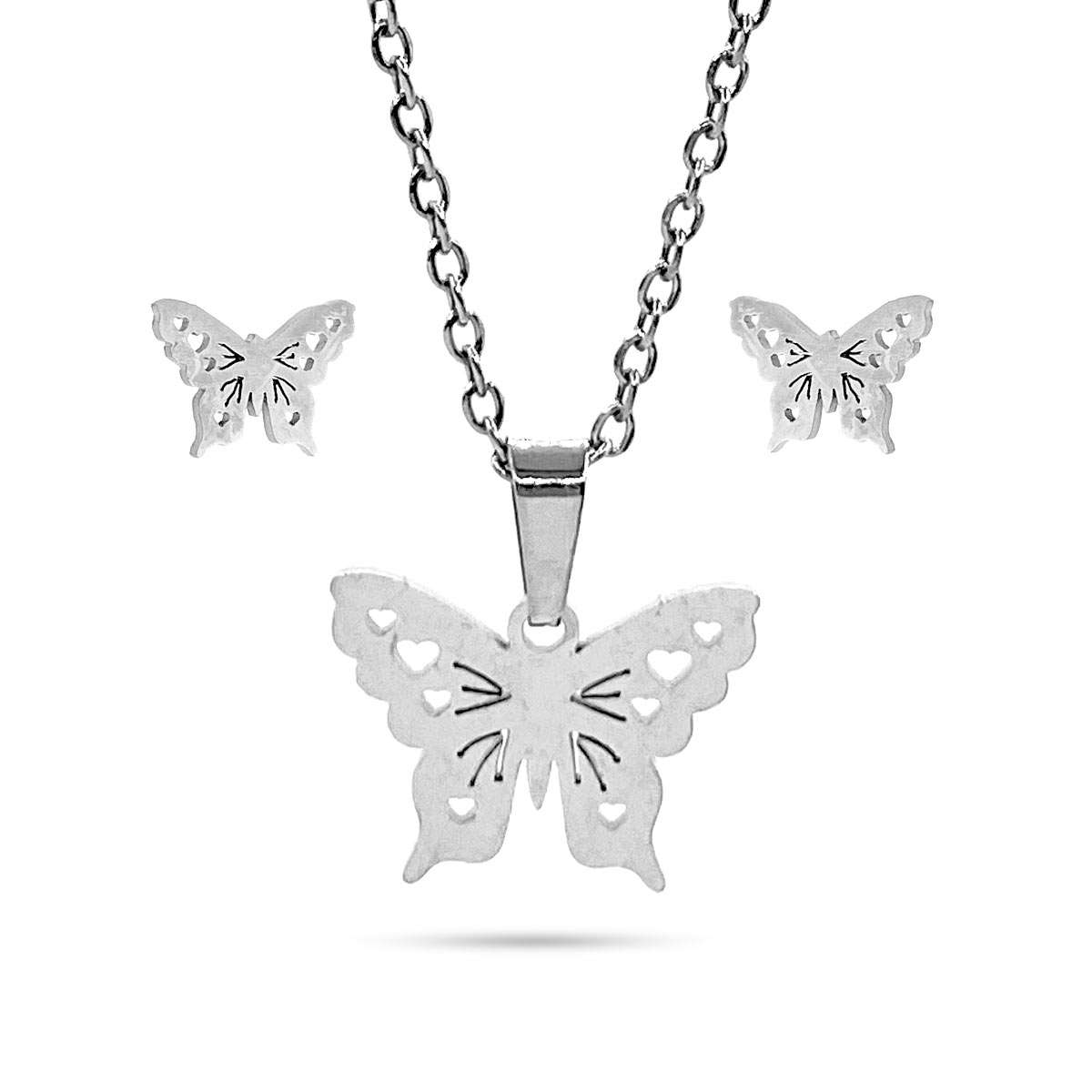 Set Joyeria Collar Y Aretes Acero Plata Mariposa De Mujer
