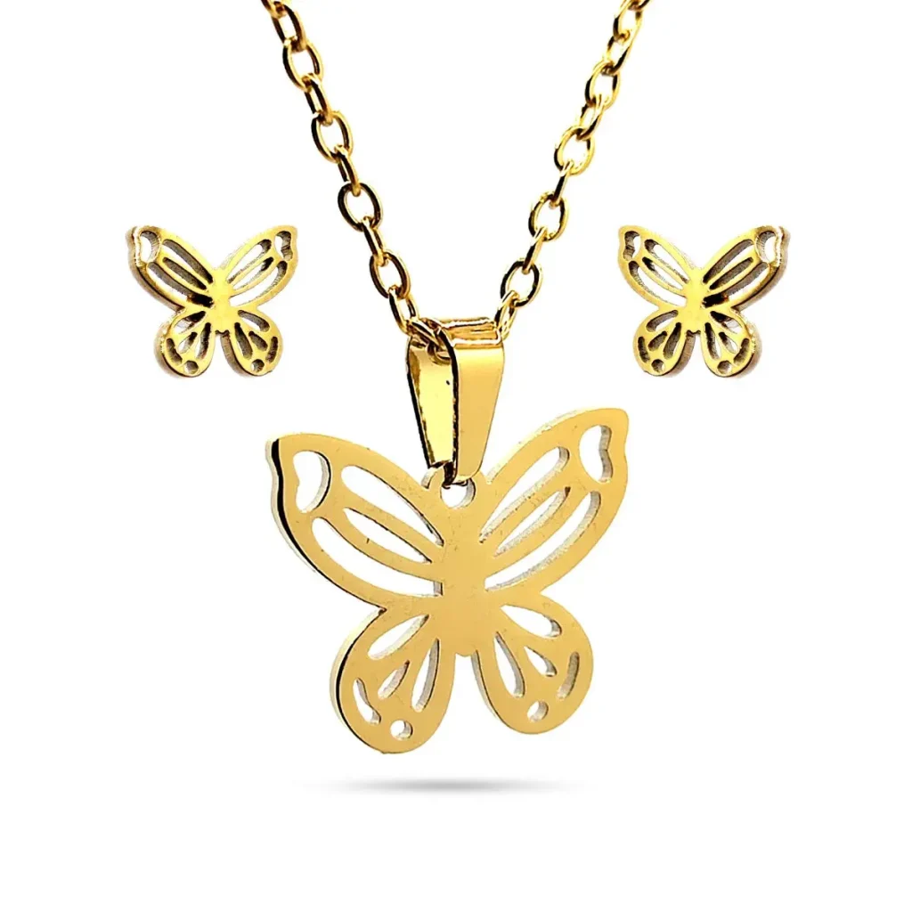 Set Joyeria Inox Acero Dorado Mariposa Calada Libertad 2