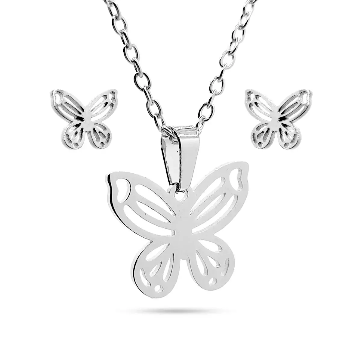 Set Joyeria Inox Acero Plateado Mariposa Calada Libertad 2