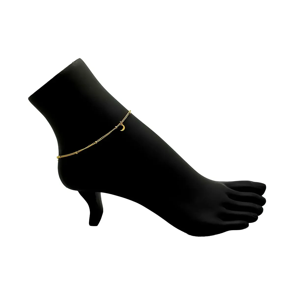 Tobillera Acero Dorado Cadena Delgada Con Balines y Luna