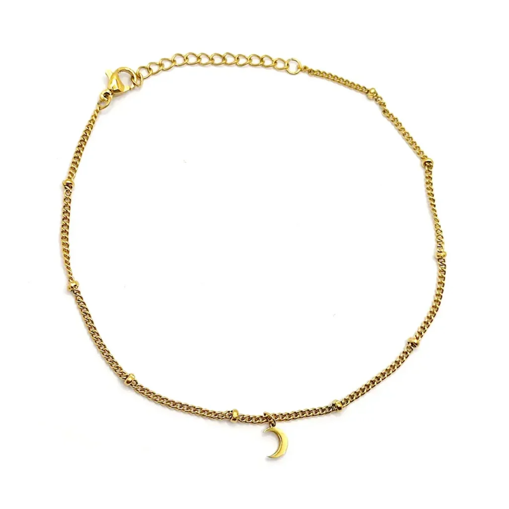 Tobillera Acero Dorado Cadena Delgada Con Balines y Luna1
