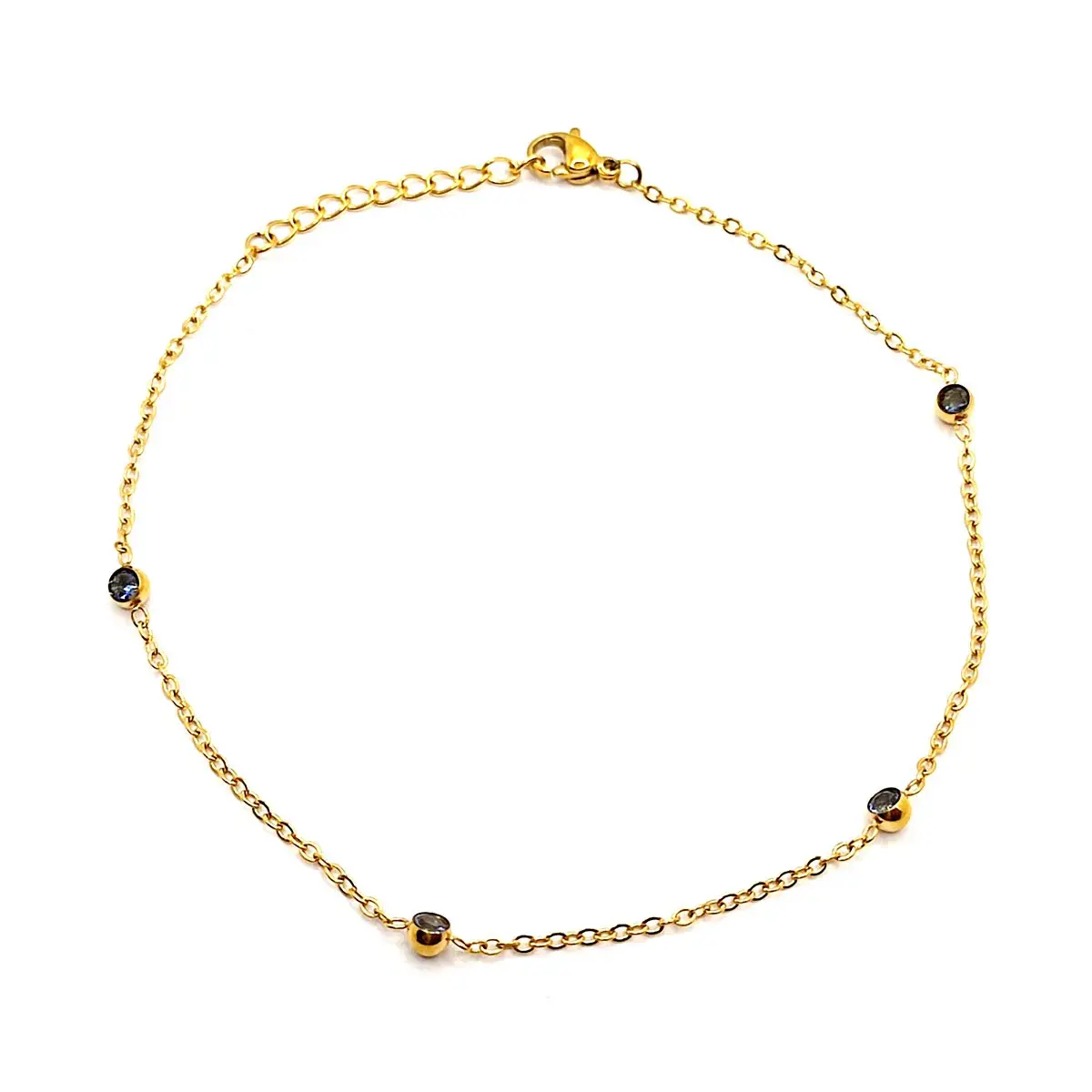 Tobillera Acero Dorado Cadena Delgada Con Cristales Azul 2