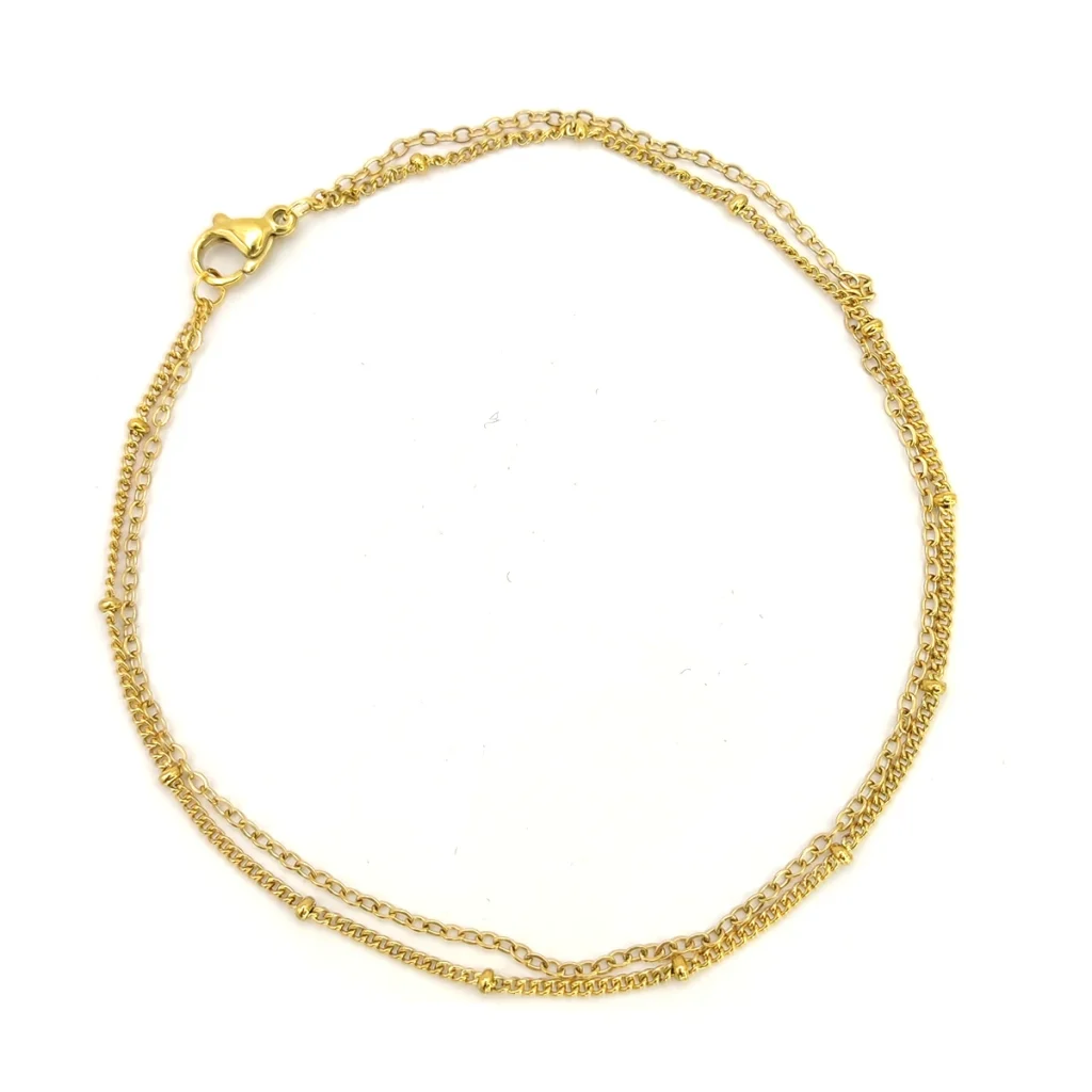 Tobillera Acero Dorado Doble CadenaS Sencillas Balines 1