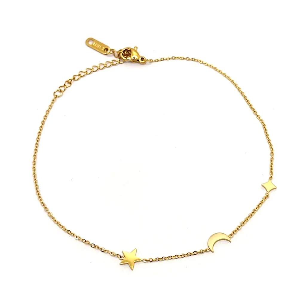 Tobillera Acero Dorado Estrellas y Luna Eslabon Delgado 1