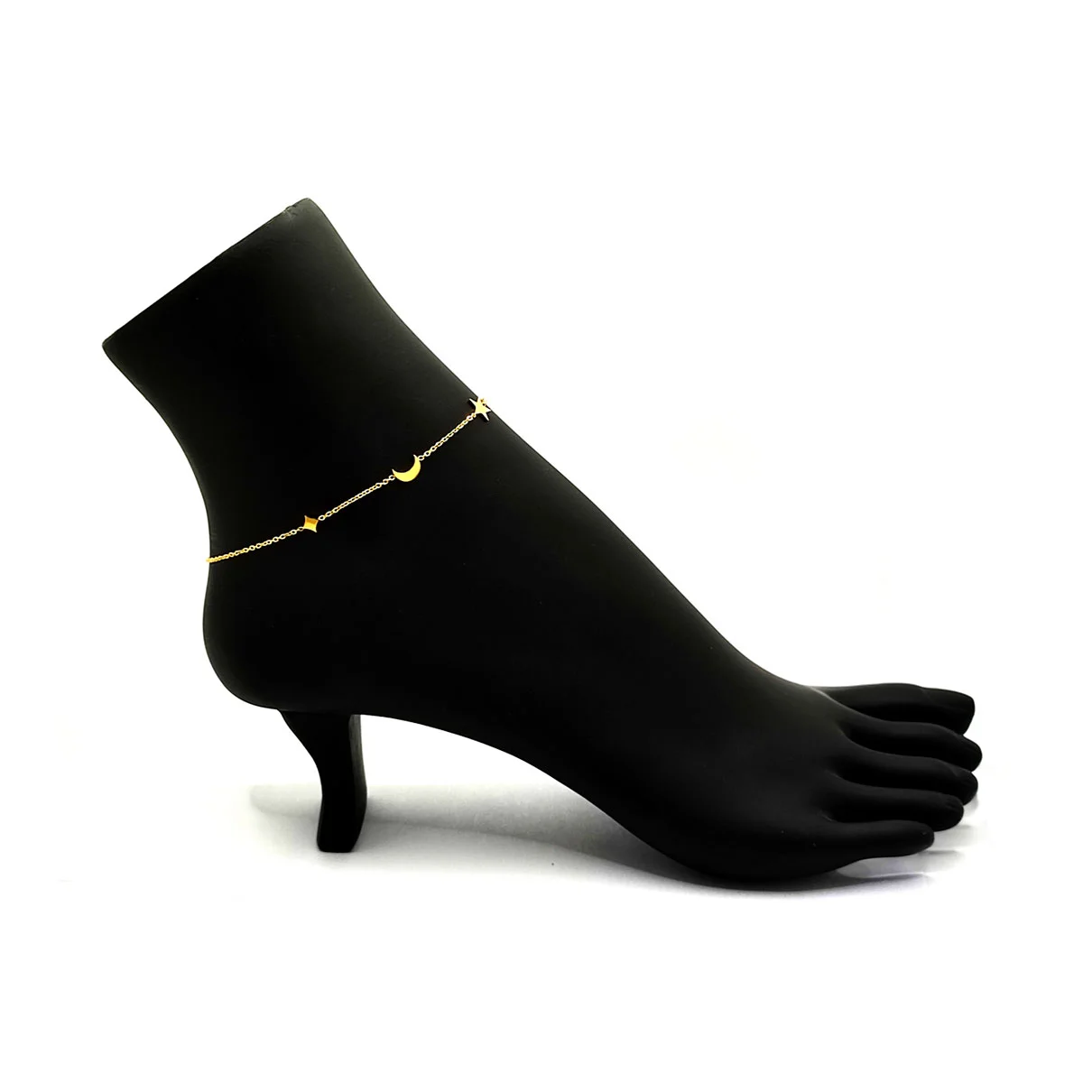 Tobillera Acero Dorado Estrellas y Luna Eslabon Delgado 2