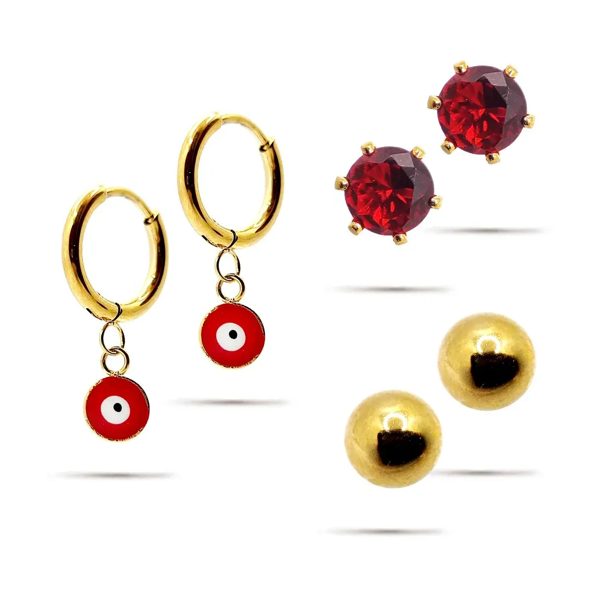 Triple Par de Aretes y Broqueles Acero Inox Ojo Turco