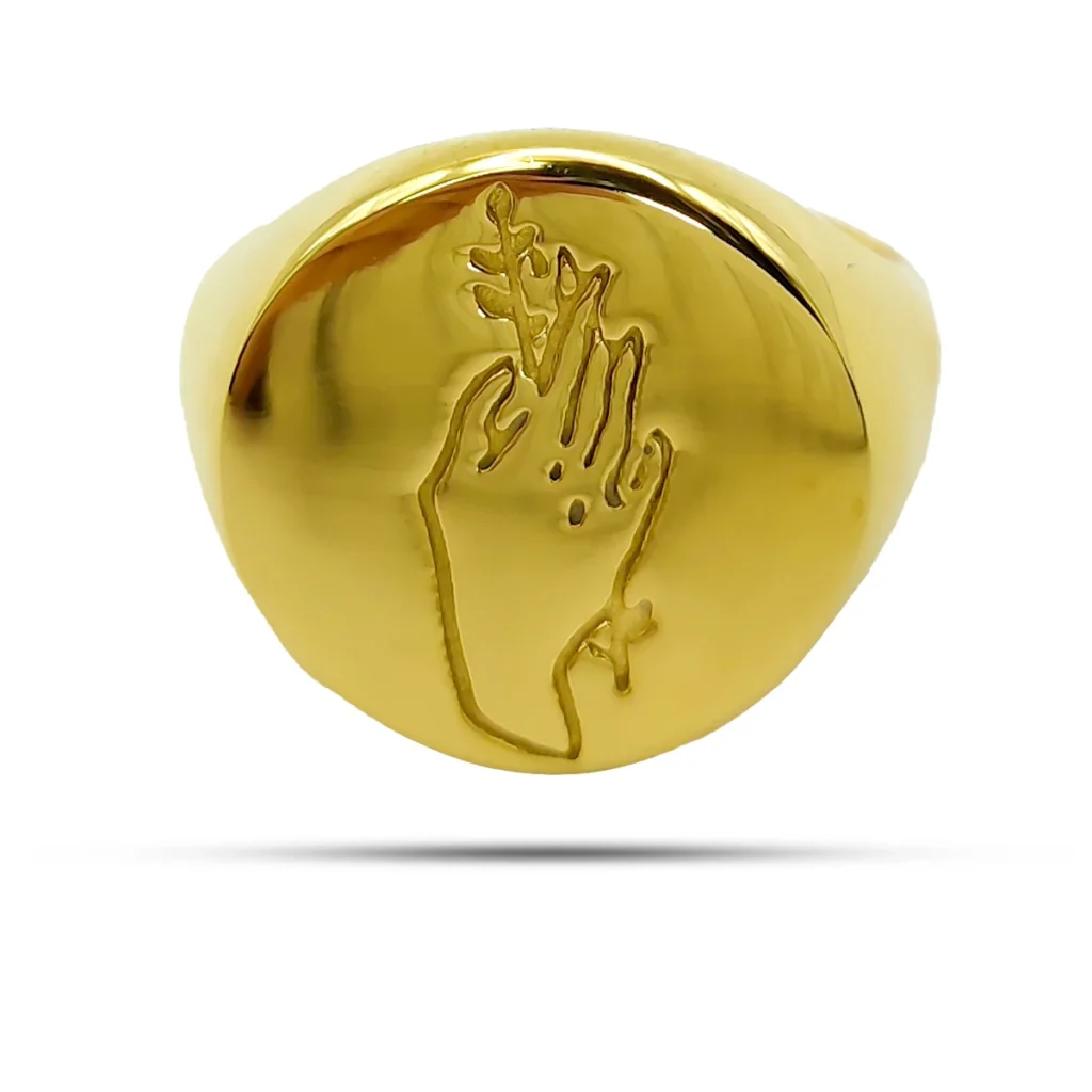 Anillo Acero Dorado Circular Plano Mano con Planta 1