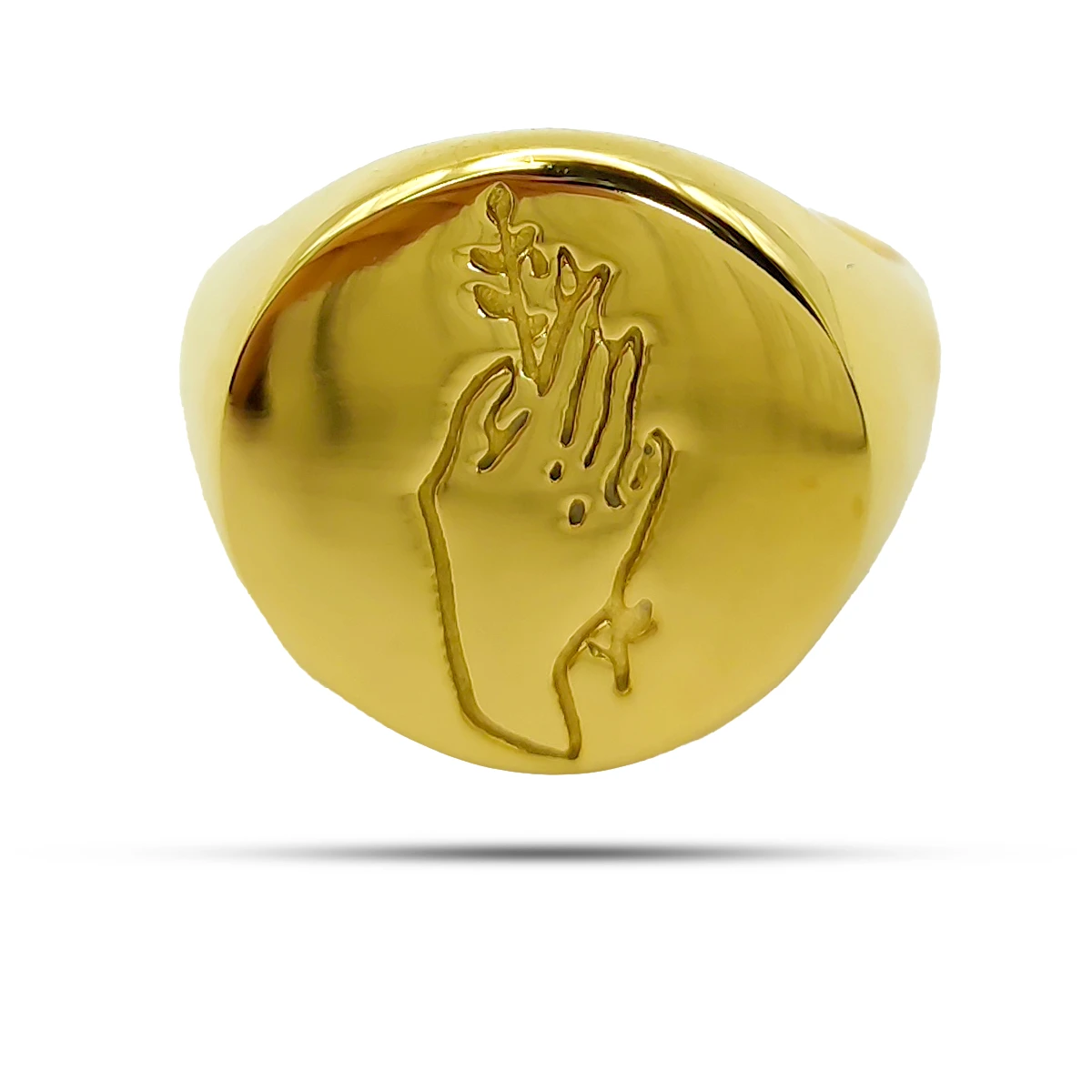 Anillo Acero Dorado Circular Plano Mano con Planta 1
