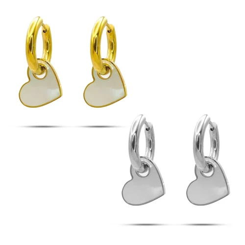 Aretes Acero Arracada Huggie Corazon Madre Perla Colgante
