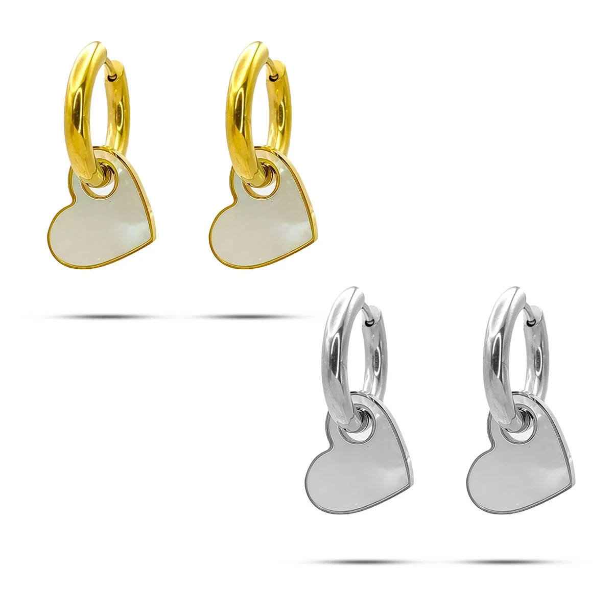 Aretes Acero Arracada Huggie Corazon Madre Perla Colgante