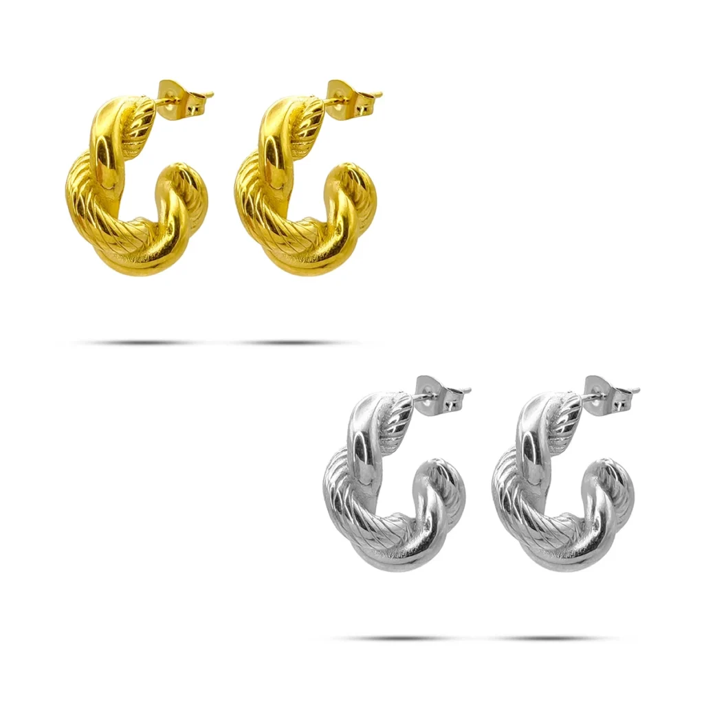 Aretes Acero Arracada Trenzada Doble Lisa y Rayas