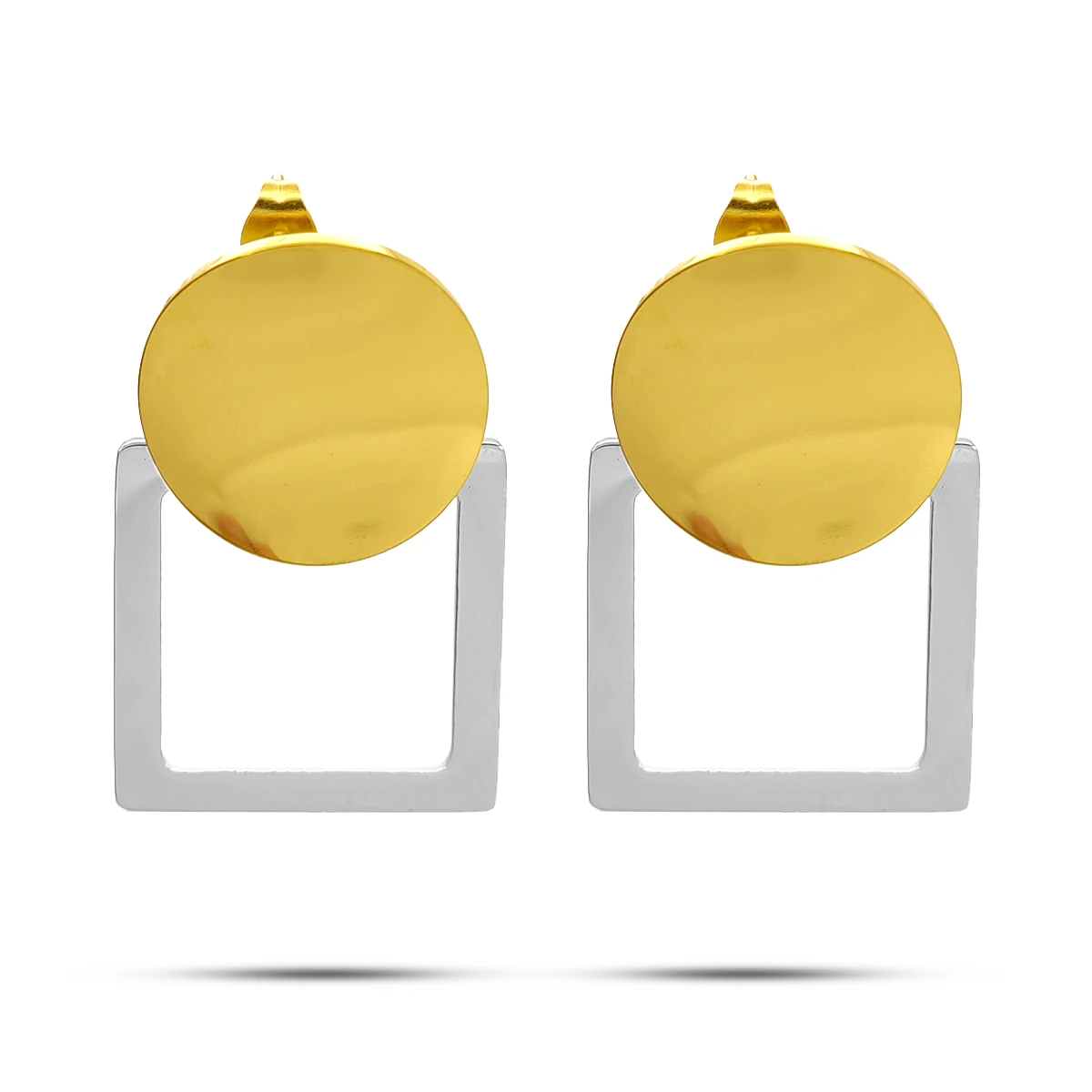 Aretes Acero Bicolor Circulo y Contorno Cuadro Elegante 2