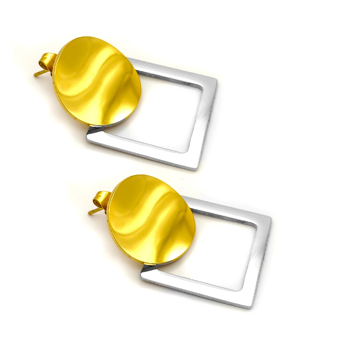 Aretes Acero Bicolor Circulo y Contorno Cuadro Elegante 3