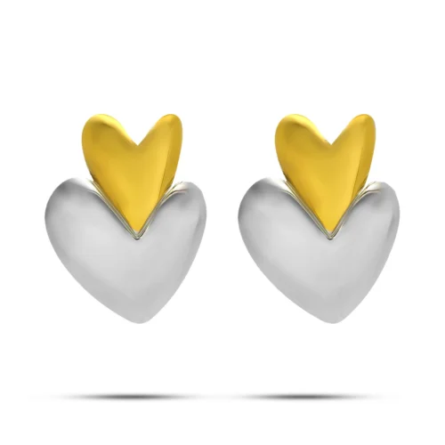 Aretes Acero Bicolor Corazones Unidos Verticales 43 mm (2)