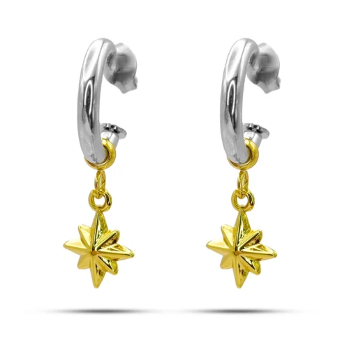 Aretes Acero Bicolor Media Arracada Estrella Seis Puntas