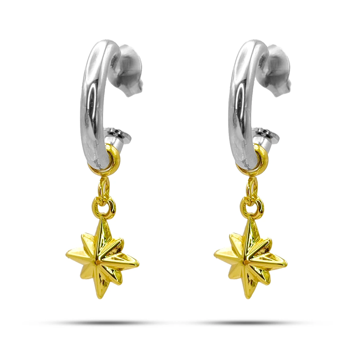 Aretes Acero Bicolor Media Arracada Estrella Seis Puntas
