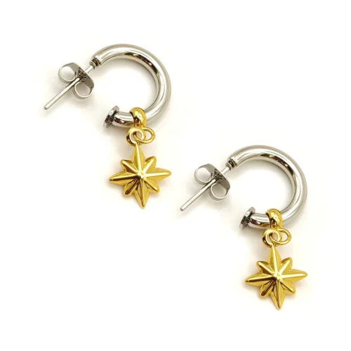 Aretes Acero Bicolor Media Arracada Estrella Seis Puntas (2)