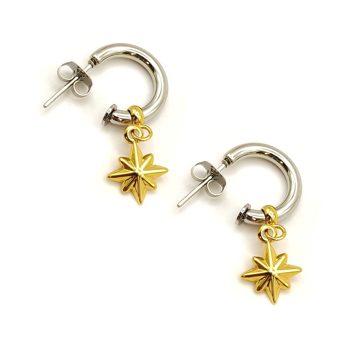 Aretes Acero Bicolor Media Arracada Estrella Seis Puntas 2