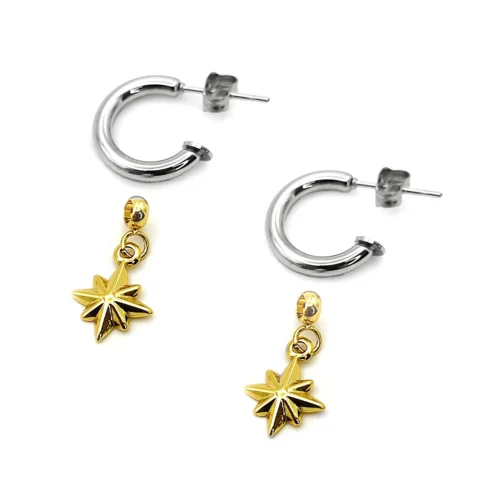 Aretes Acero Bicolor Media Arracada Estrella Seis Puntas (3)