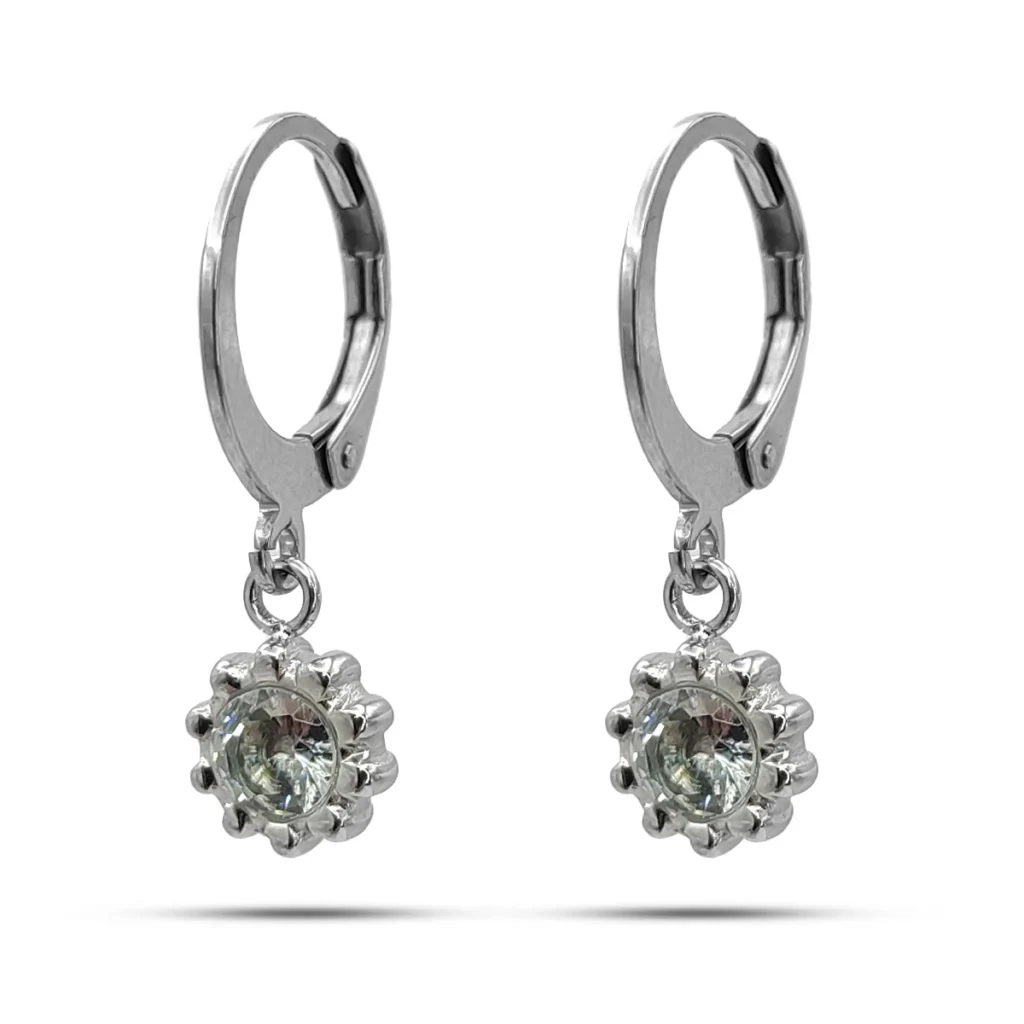 Aretes Acero Colgante Flor Centro Cristal Claro