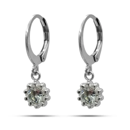 Aretes Acero Colgante Flor Centro Cristal Claro