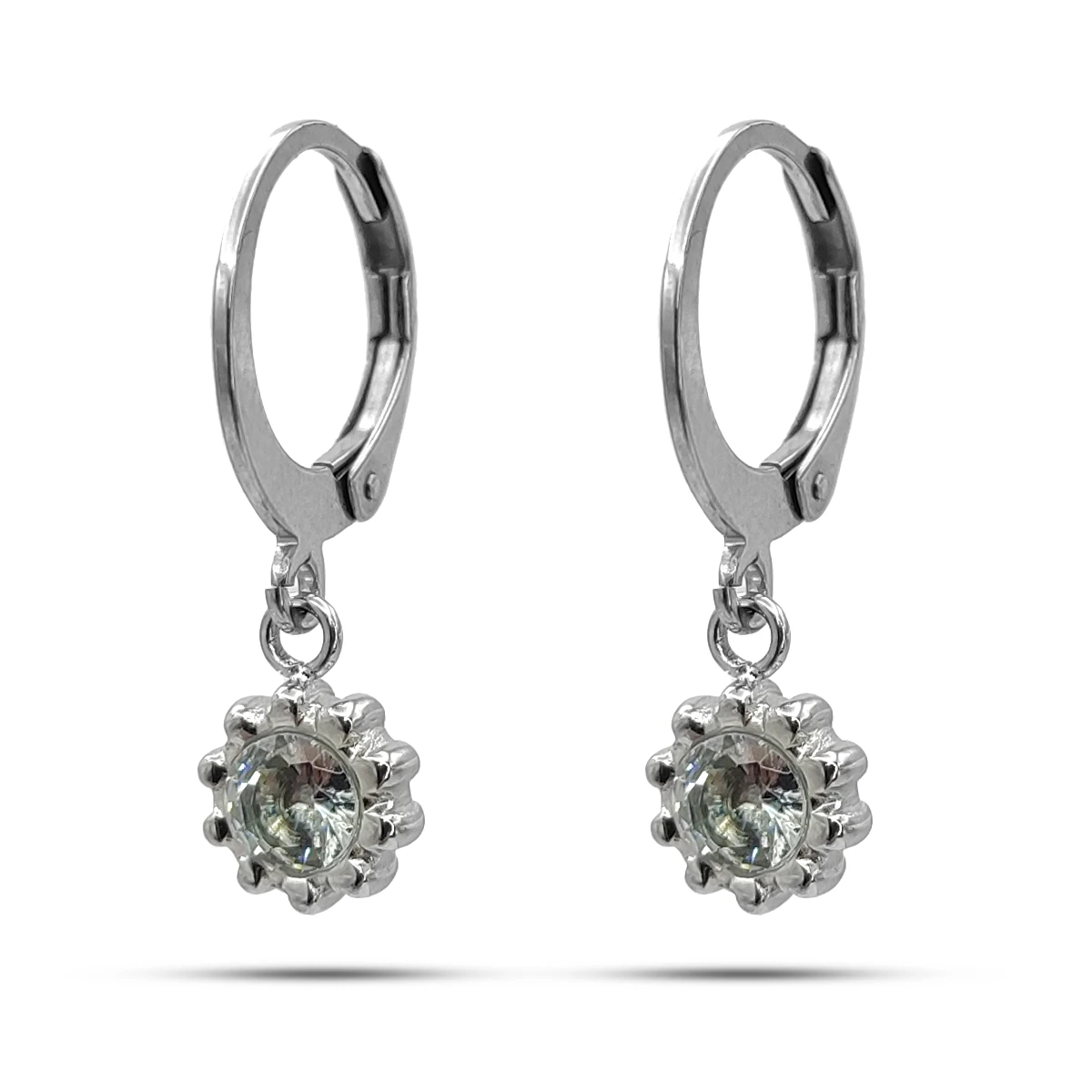 Aretes Acero Colgante Flor Centro Cristal Claro