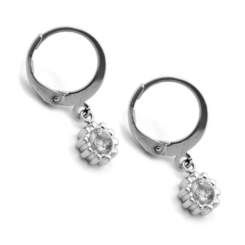 Aretes Acero Colgante Flor Centro Cristal Claro (2)