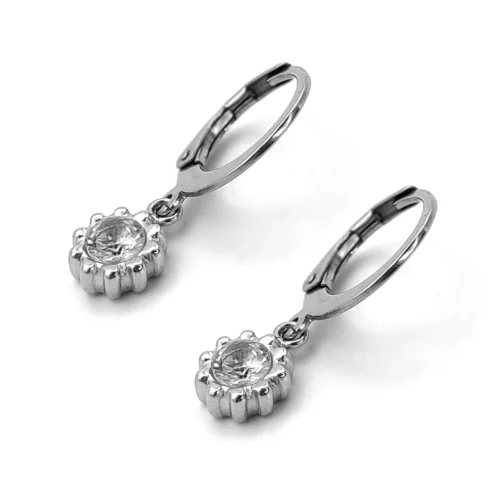 Aretes Acero Colgante Flor Centro Cristal Claro (3)