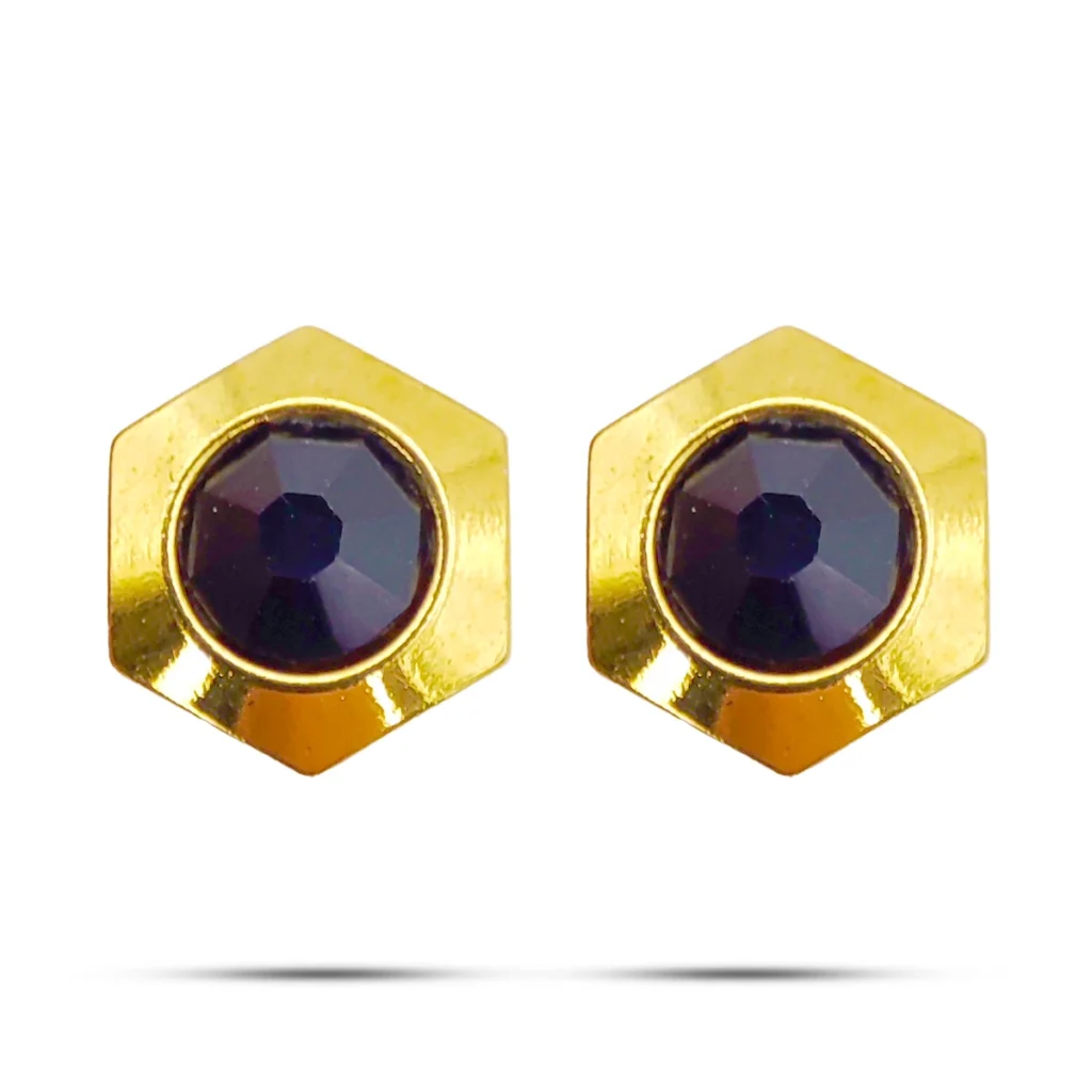 Aretes Acero Dorado Broquel Hexagonal Cristal Negro 1