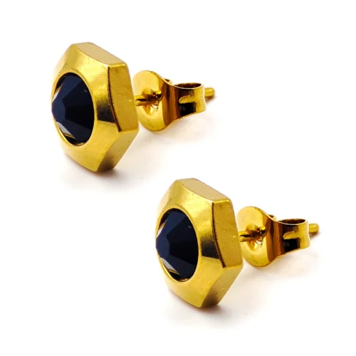 Aretes-Acero-Dorado-Broquel-Hexagonal-Cristal-Negro-2.webp