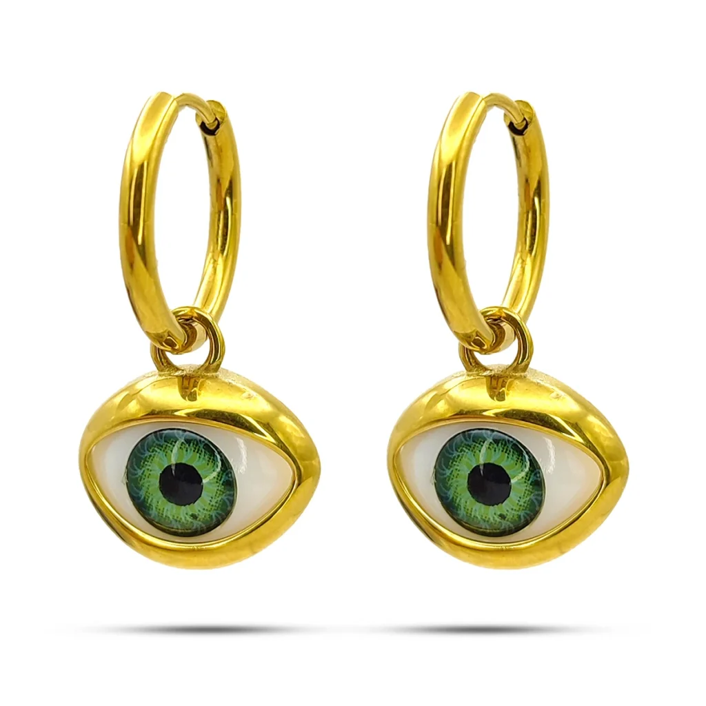 Aretes Acero Dorado Huggies Colgante Ojo Realista Verde 1