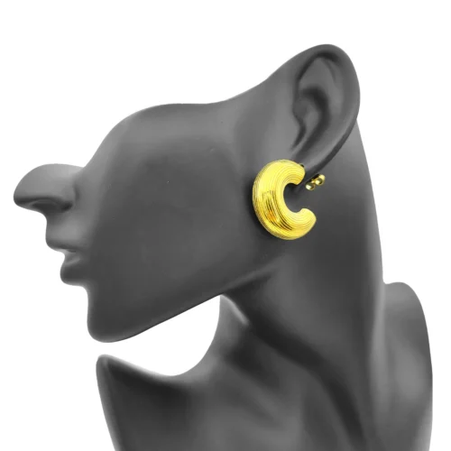 Aretes Acero Dorado Media Arracada En C Chunky Rayas (1)