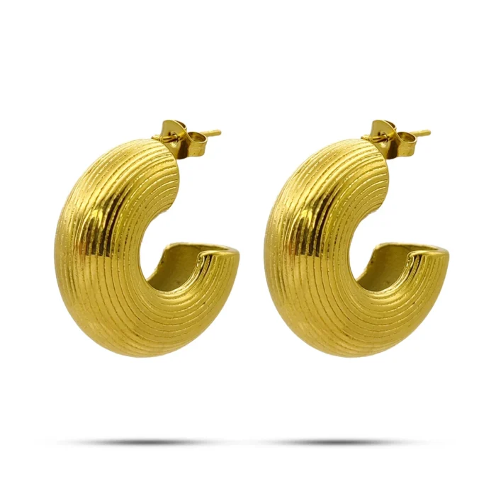Aretes Acero Dorado Media Arracada En C Chunky Rayas