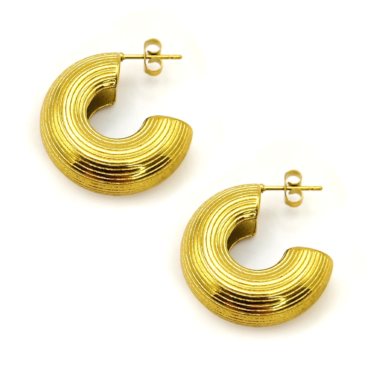 Aretes Acero Dorado Media Arracada En C Chunky Rayas 3