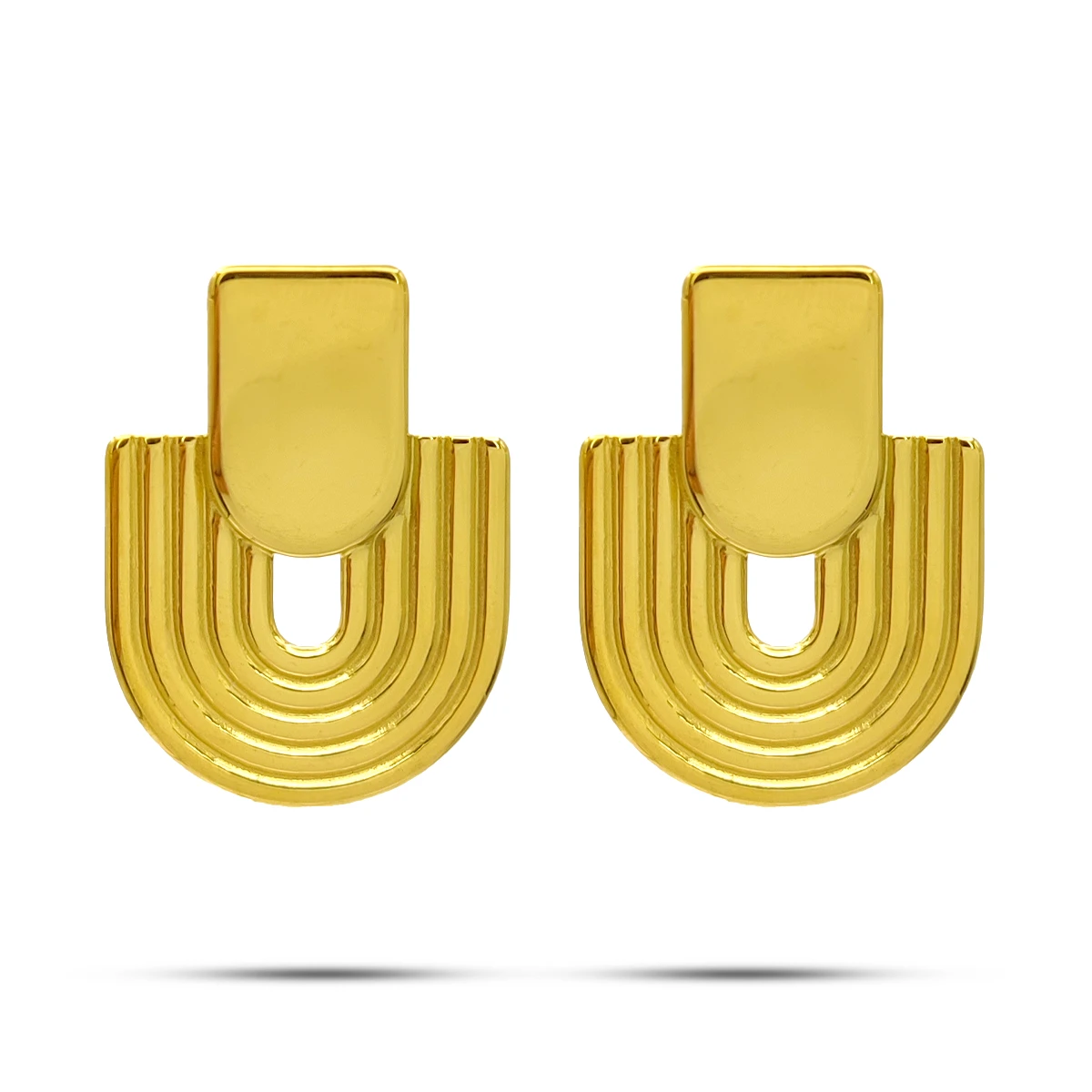 Aretes Acero Dorado Tipo Cupula Ondulado con Lineas 2