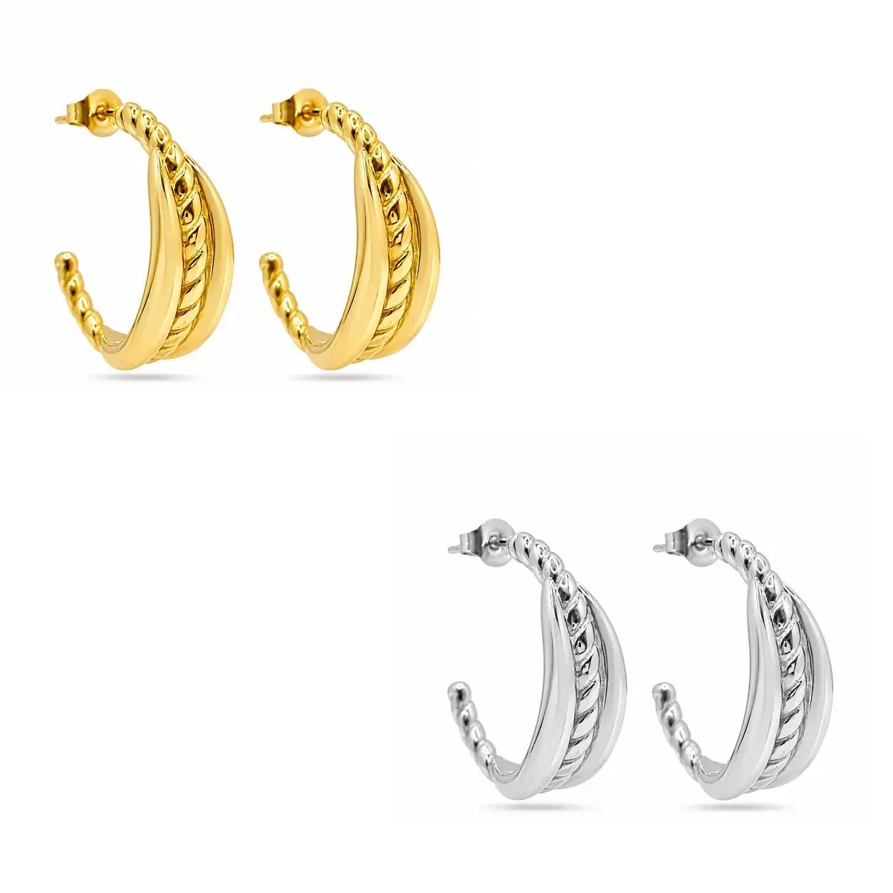 aretes media arracada triple twist lisos en acero inoxidable dorado y plateado sobre fondo blanco