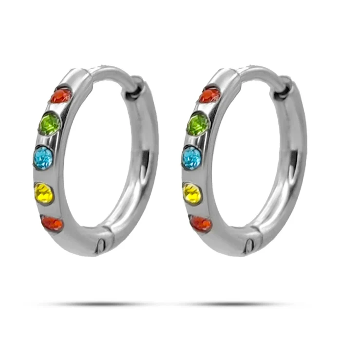 Aretes Acero Plateado Huggie Delgado Cristales Multicolor