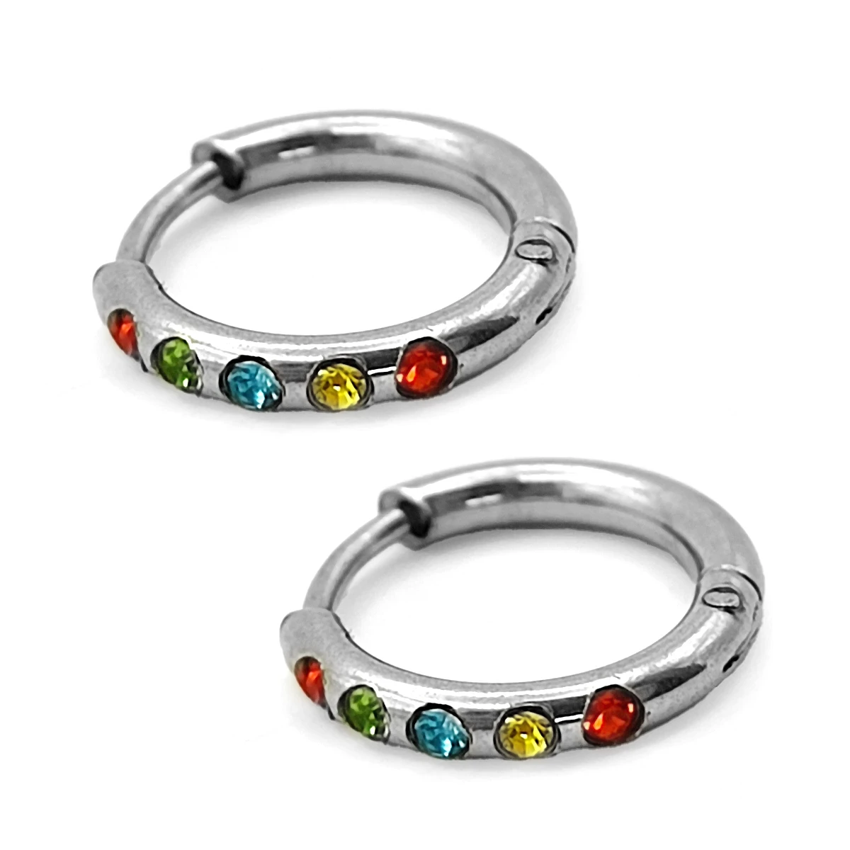 Aretes Acero Plateado Huggie Delgado Cristales Multicolor 3