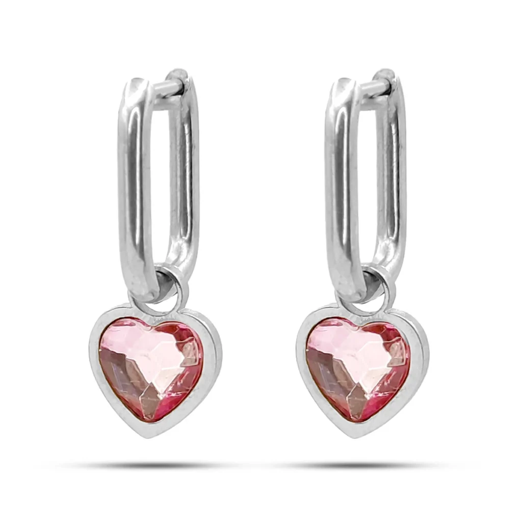 Aretes Acero Plateado Huggies Rectangulares Corazon Rosa