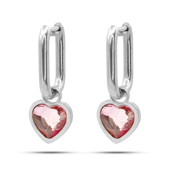 Aretes Acero Plateado Huggies Rectangulares Corazon Rosa