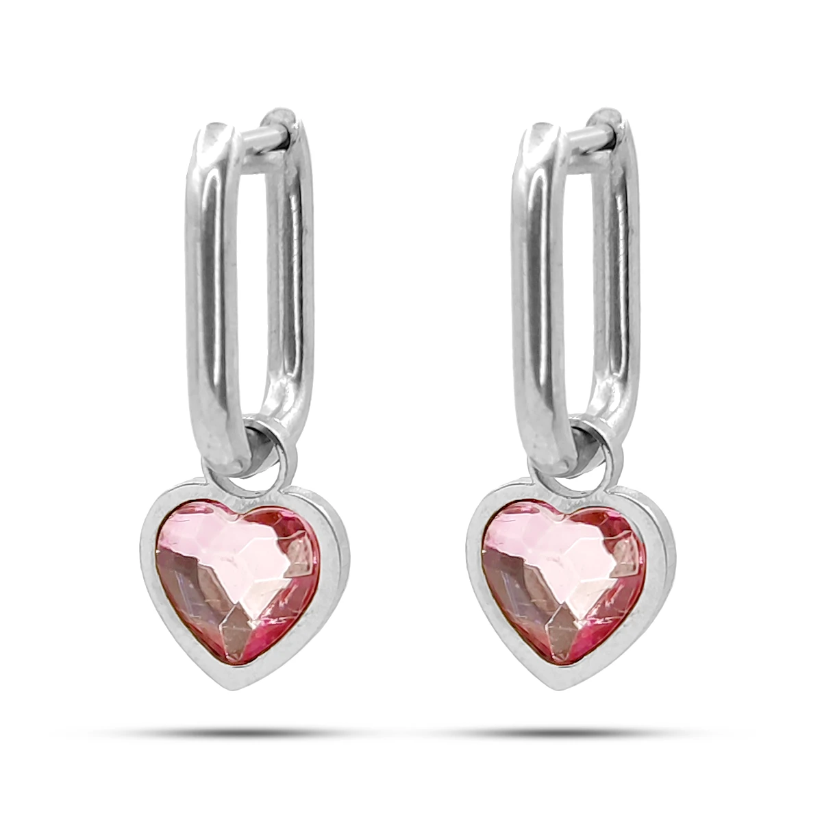 Aretes Acero Plateado Huggies Rectangulares Corazon Rosa