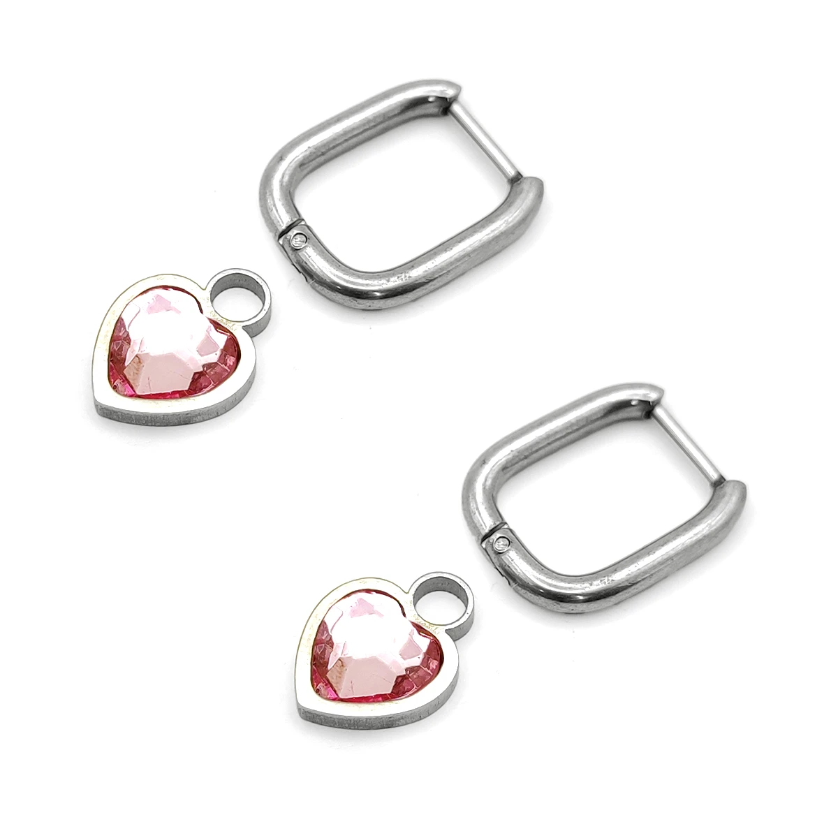 Aretes Acero Plateado Huggies Rectangulares Corazon Rosa 2