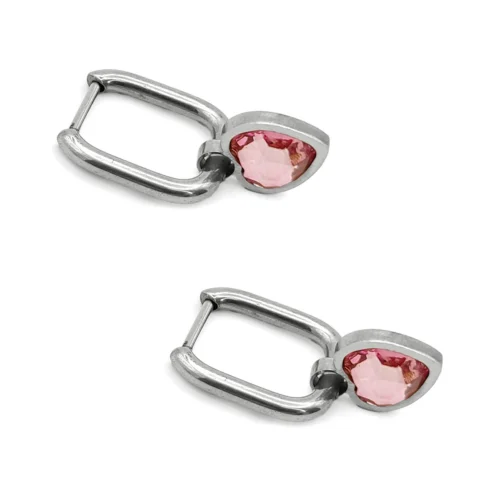 Aretes Acero Plateado Huggies Rectangulares Corazon Rosa (3)
