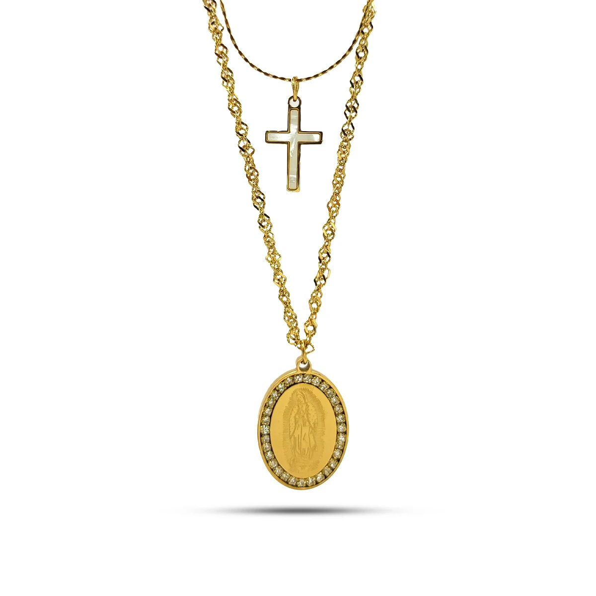 Collar Acero Doble Virgen de Guadalupe Cruz Madre Perla 1