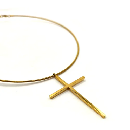 Collar Acero Dorado Gargantilla Rigida Cola de Rata Cruz (3)