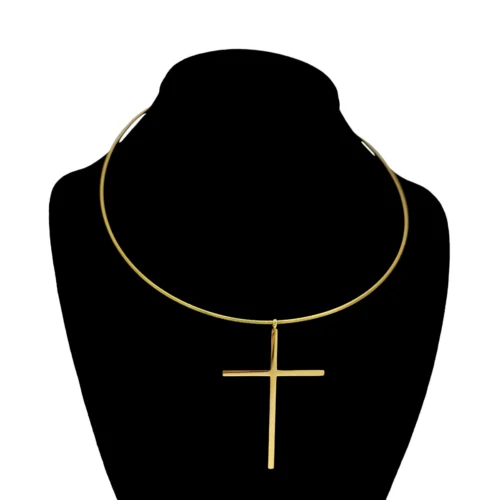 Collar Acero Dorado Gargantilla Rigida Cola de Rata Cruz (4)